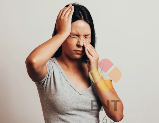 Girl wearing a T shirt with right hand on the forehead and left hand on left cheek, seems to be in pain. A watermark on the image says ENT 360